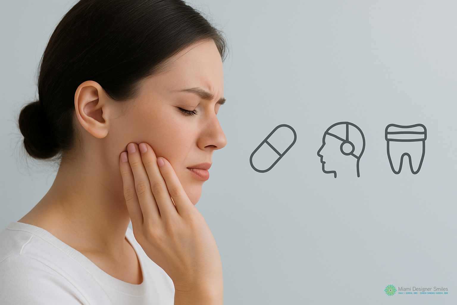 A woman touches her cheek in pain, with icons of a pill, a person's head in pain, and a tooth with a crown beside her, symbolizing toothache and TMJ treatment options.