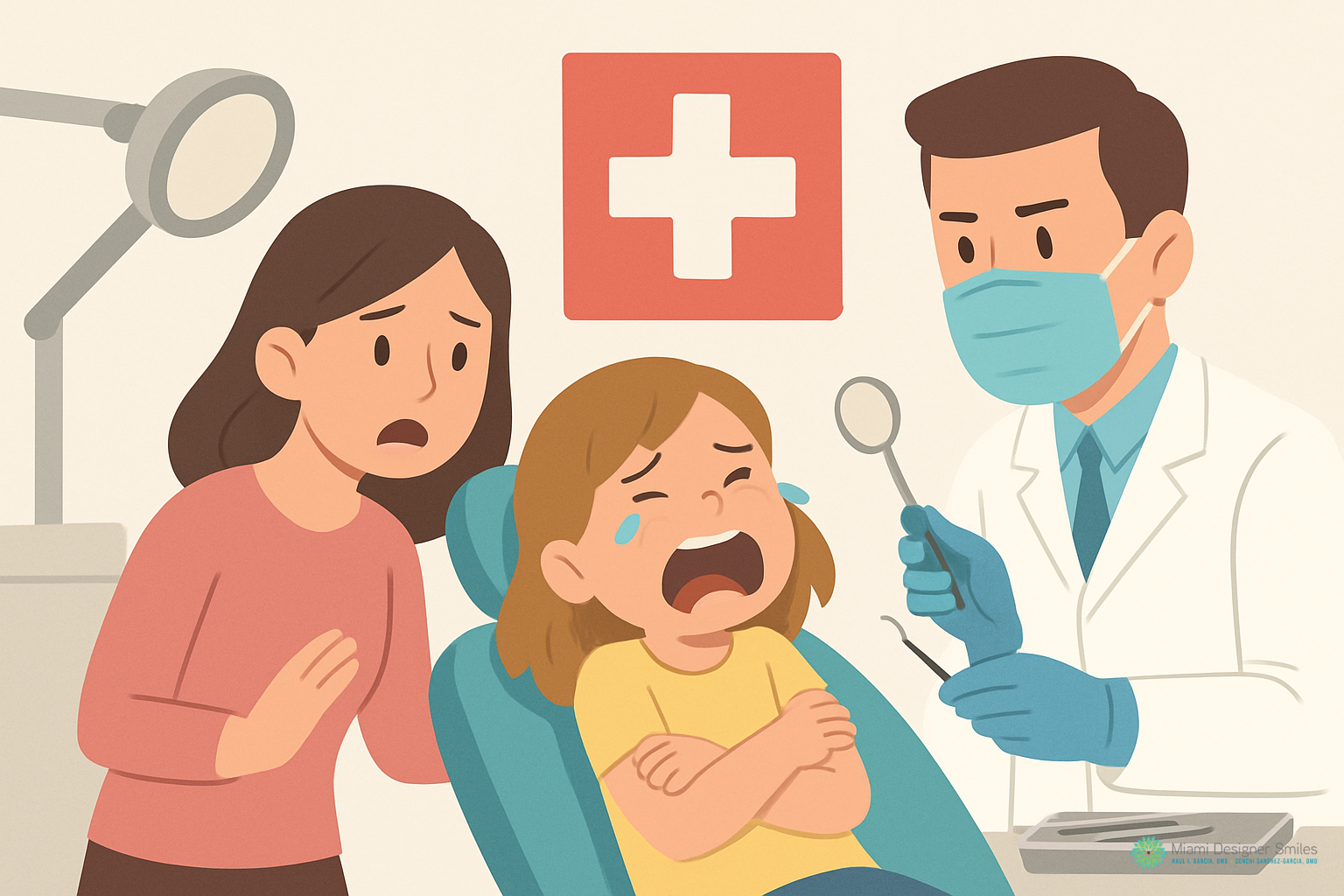 A crying child sits in a dental chair with a concerned adult nearby while a dentist, ready to provide urgent dental care for kids, prepares tools under a medical cross sign.