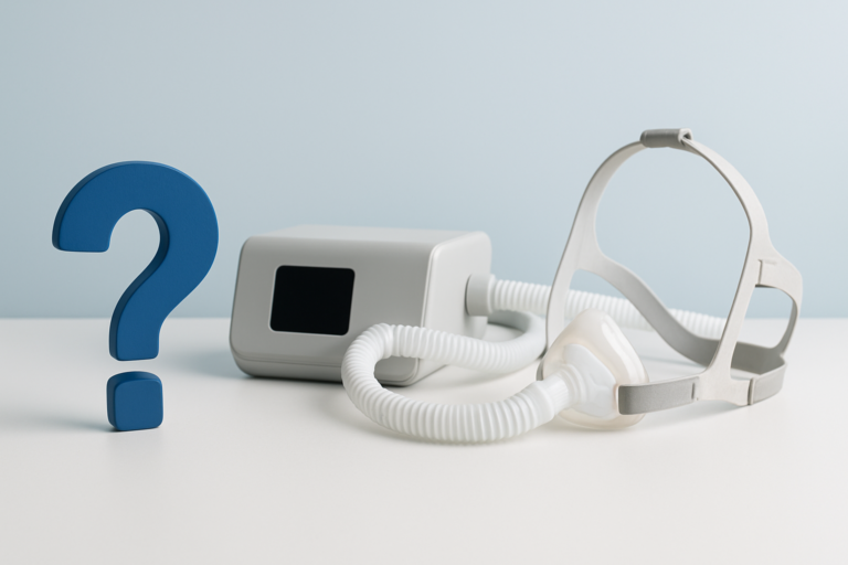 A CPAP machine with mask and hose is placed next to a large blue question mark, highlighting questions about sleep apnea treatment options on a white surface against a light background.