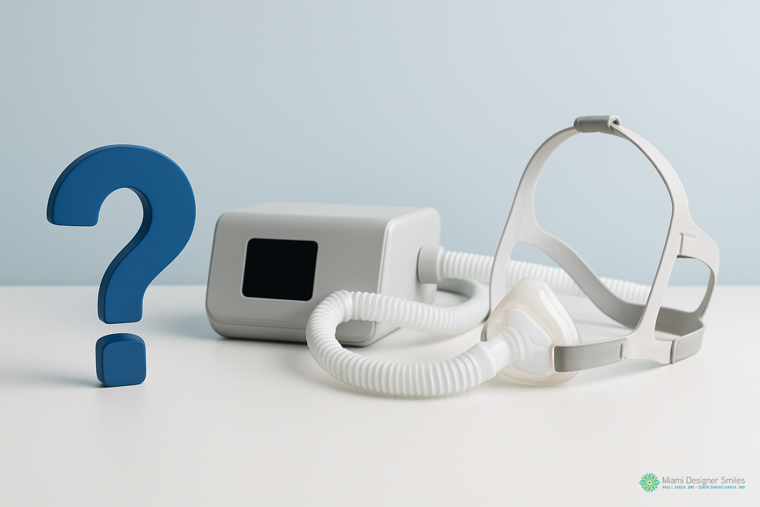 A CPAP machine with mask and hose is placed next to a large blue question mark, highlighting questions about sleep apnea treatment options on a white surface against a light background.