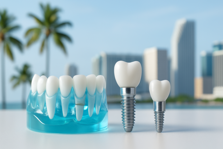 A dental model and two dental implants, representing the best dental implants in Miami, are displayed on a table with palm trees and a city skyline blurred in the background.