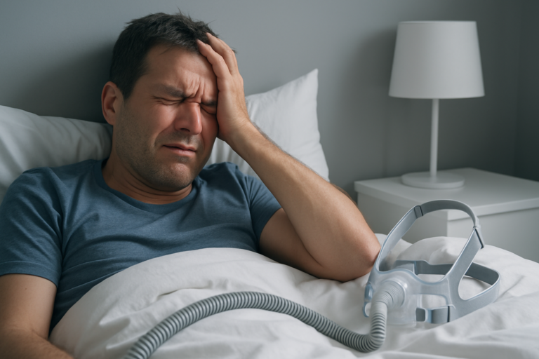 A man in bed holds his head in discomfort next to a CPAP mask, highlighting the struggle with sleep apnea and the need to consider various sleep apnea treatment options for better rest.