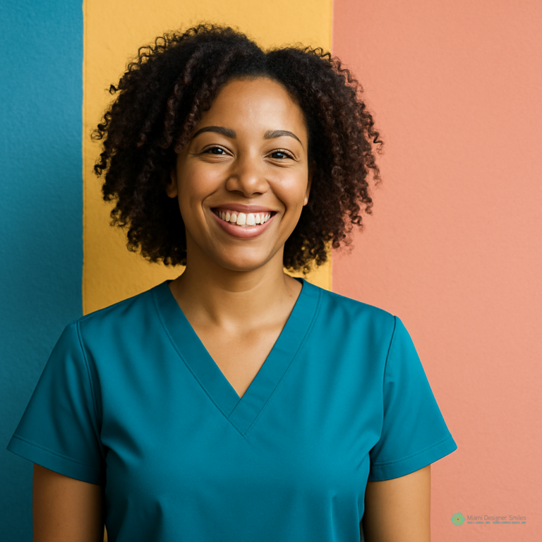 A woman in teal scrubs stands smiling in front of a colorful background with blue, yellow, and pink vertical stripes, ready to discuss affordable sleep apnea treatments.