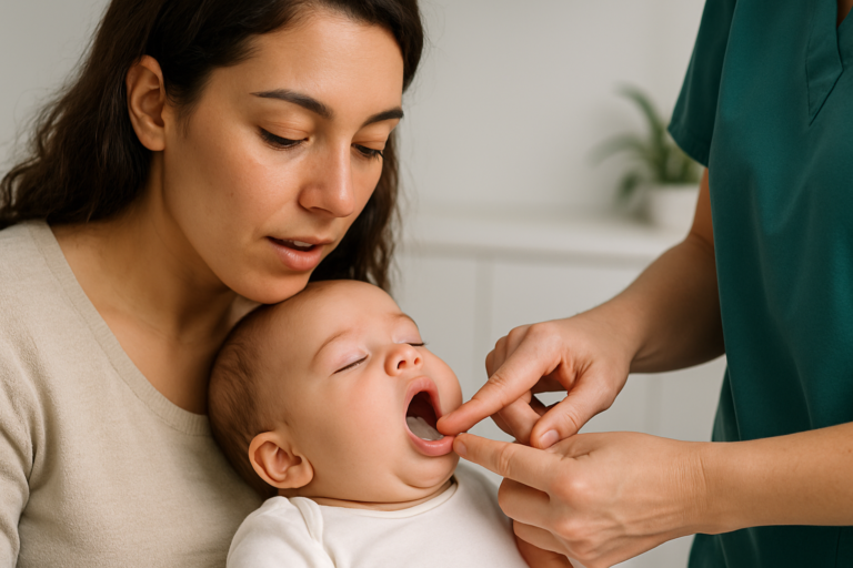 A baby sits on a woman's lap while a healthcare professional examines the baby's mouth with a gloved finger, checking for conditions that may require tongue tie treatment in Miami.