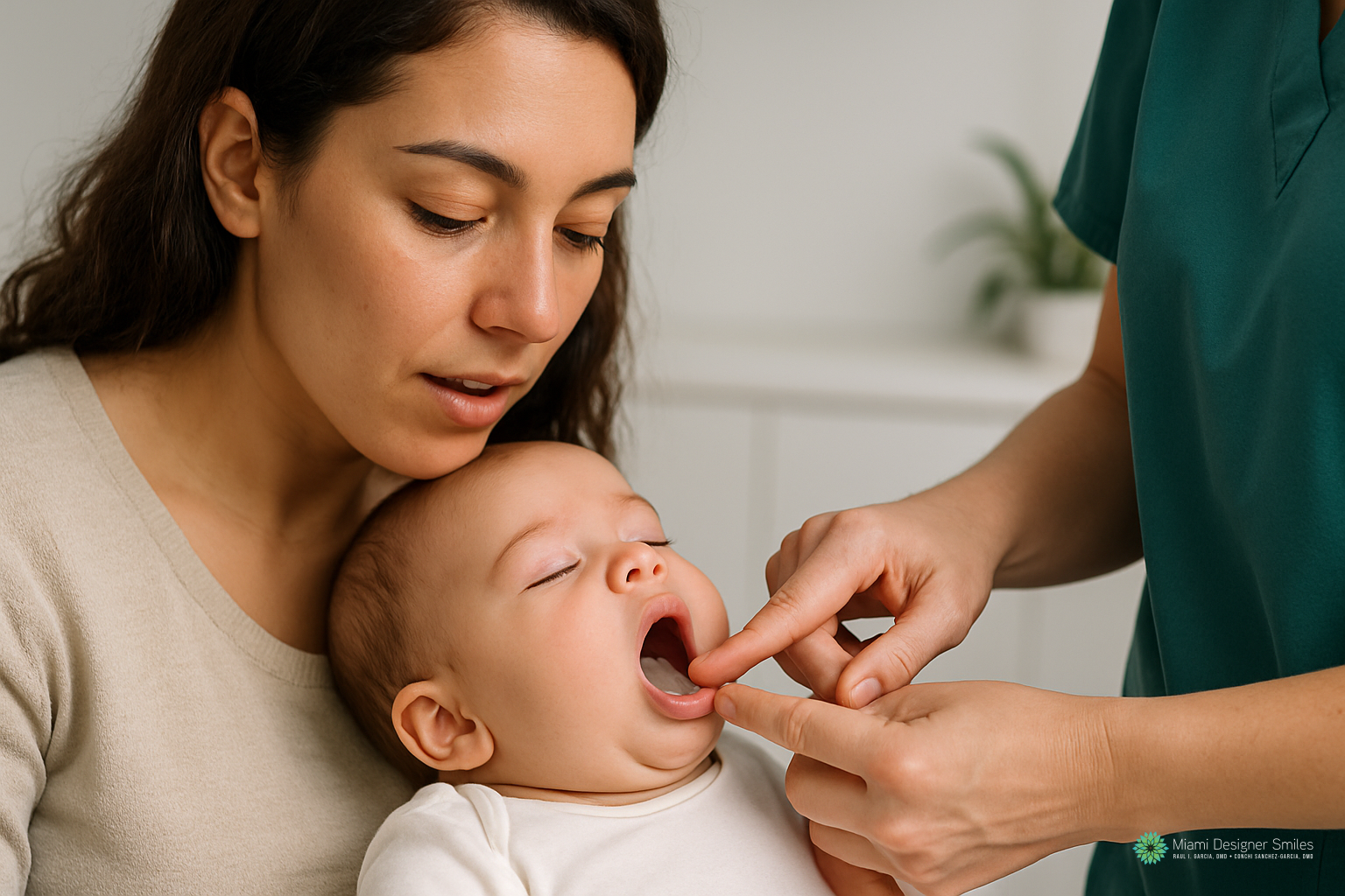 A baby sits on a woman's lap while a healthcare professional examines the baby's mouth with a gloved finger, checking for conditions that may require tongue tie treatment in Miami.
