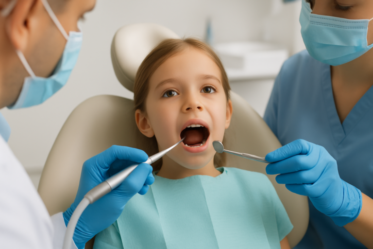 A young girl sits in a dental chair with her mouth open as two dentists in masks and gloves provide urgent dental care for kids, carefully examining her teeth with dental instruments.