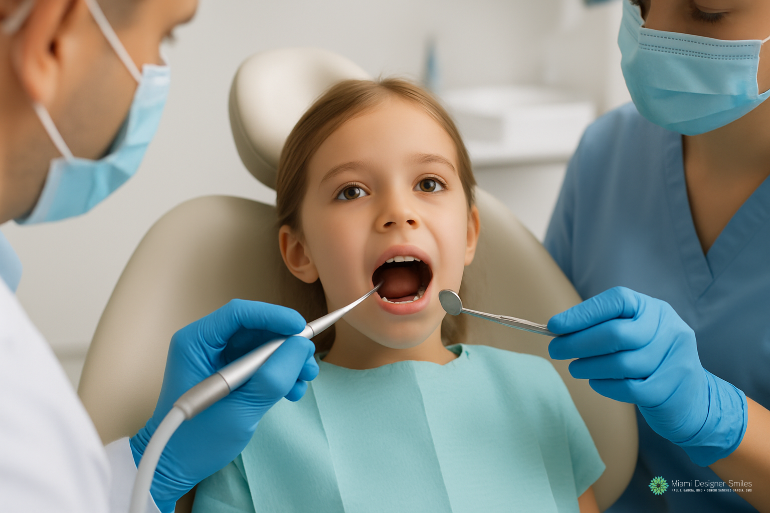 A young girl sits in a dental chair with her mouth open as two dentists in masks and gloves provide urgent dental care for kids, carefully examining her teeth with dental instruments.