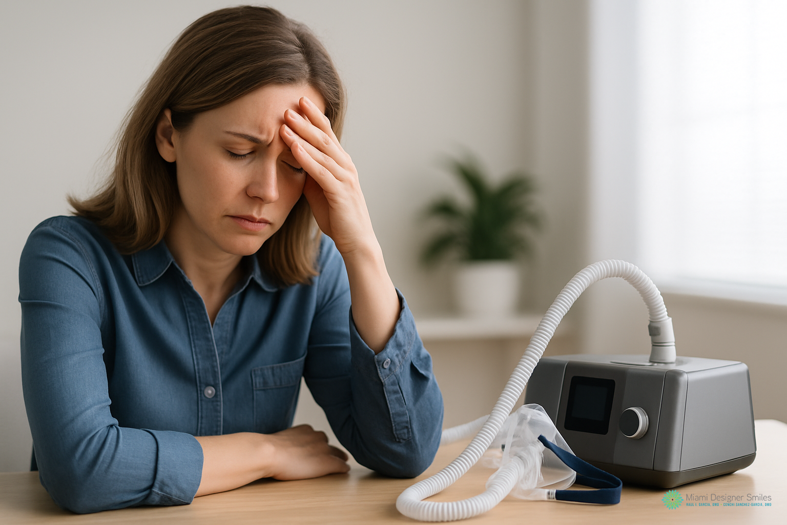 A woman sits at a table with her hand on her forehead, looking distressed, next to a CPAP machine and mask—reflecting the challenges some face with sleep apnea treatment options.
