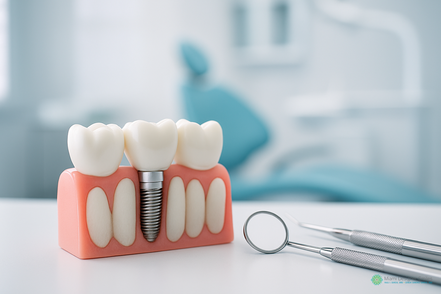A model of the best dental implants in Miami with artificial teeth sits on a desk next to dental instruments in a dentist's office.