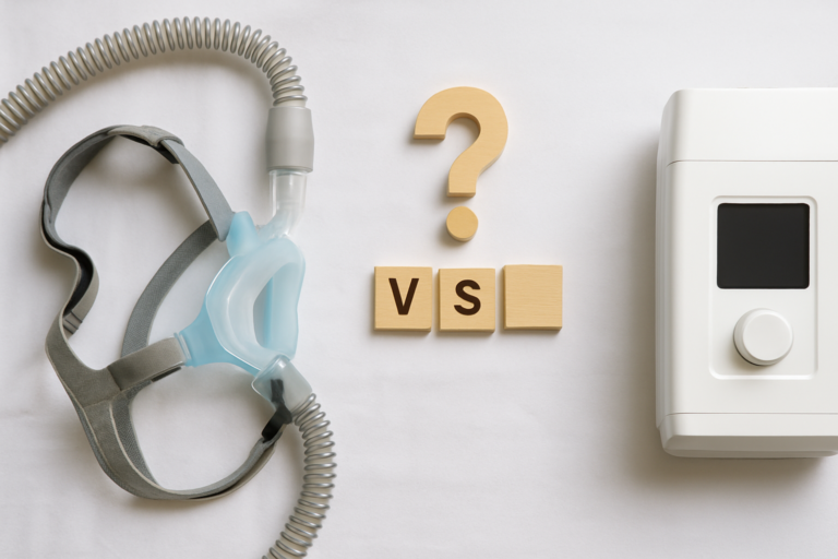 A CPAP mask and machine are placed on either side of a question mark with "VS" on wood blocks, highlighting a comparison between sleep apnea treatment options.