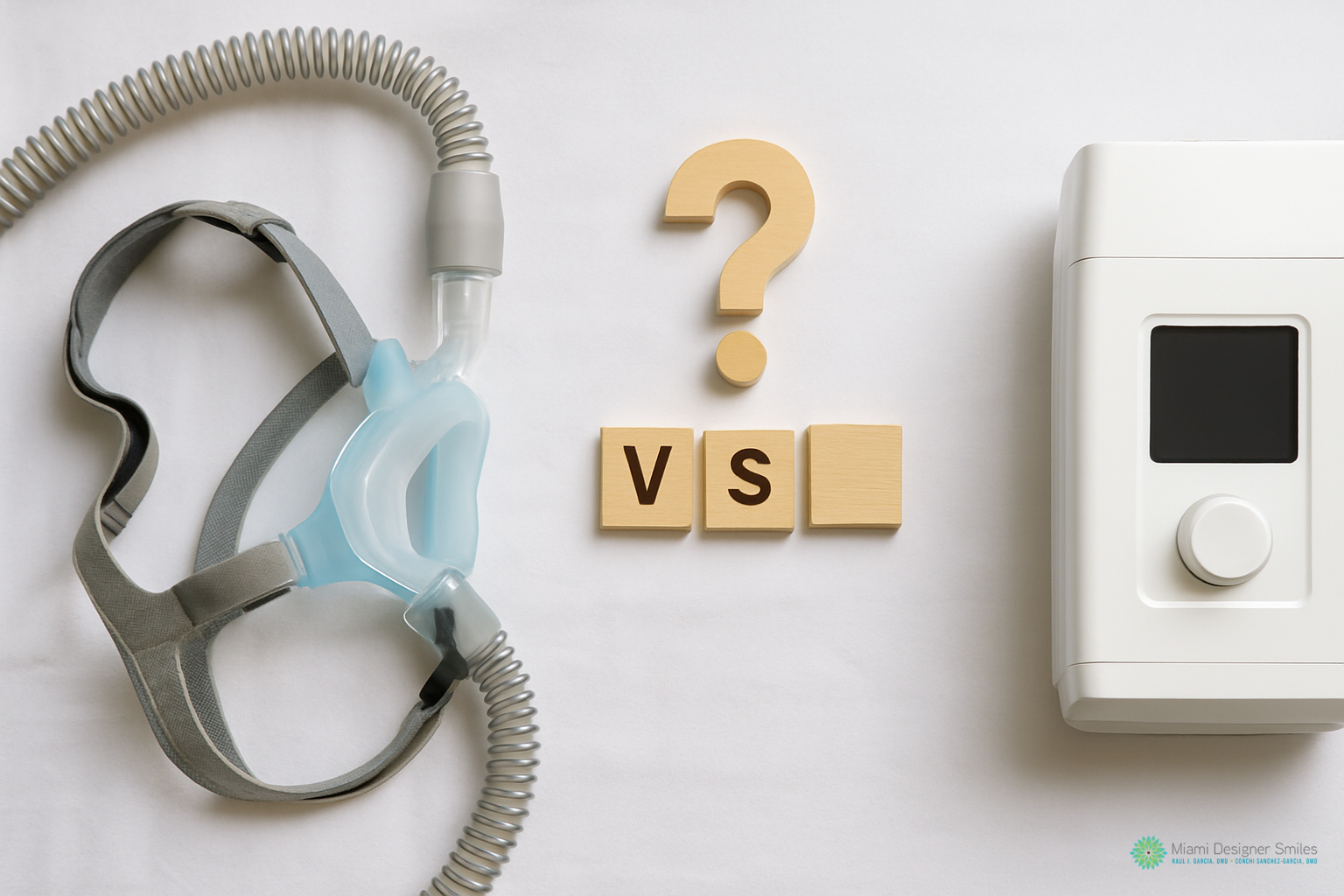 A CPAP mask and machine are placed on either side of a question mark with "VS" on wood blocks, highlighting a comparison between sleep apnea treatment options.