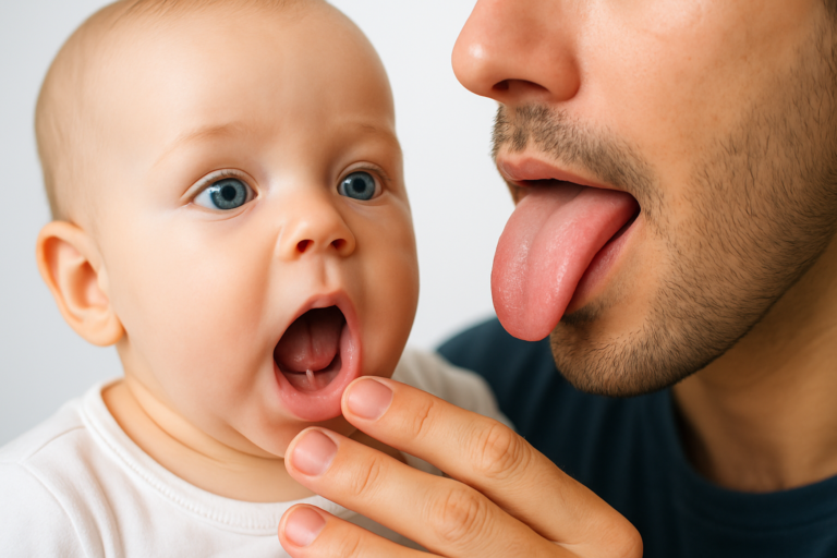 An adult holds a baby while sticking out his tongue; the baby, possibly needing tongue tie treatment in Miami, looks on with mouth open and a surprised expression.