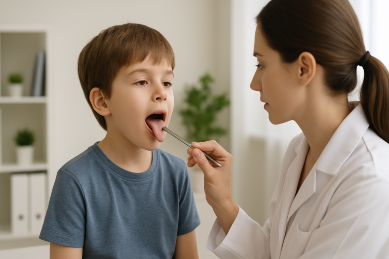 A healthcare professional examines a young boy's throat using a tongue depressor in a medical office, discussing myofunctional therapy for children as part of his evaluation.