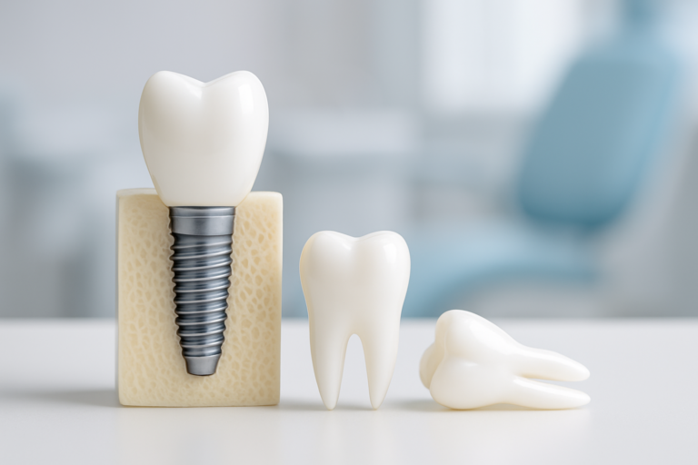 A dental implant model next to two model teeth on a white surface, with a blurred dental chair in the background, showcases the best dental implants in Miami.