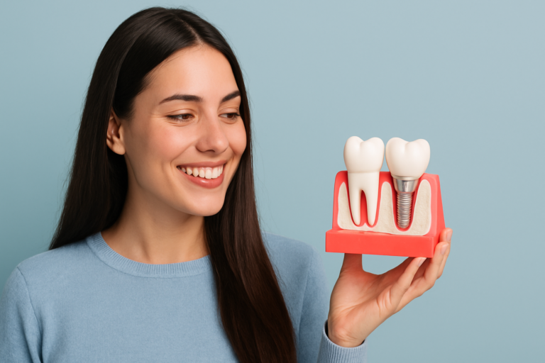 A woman holds a dental model displaying a natural tooth and a tooth with the best dental implants in Miami against a light blue background.