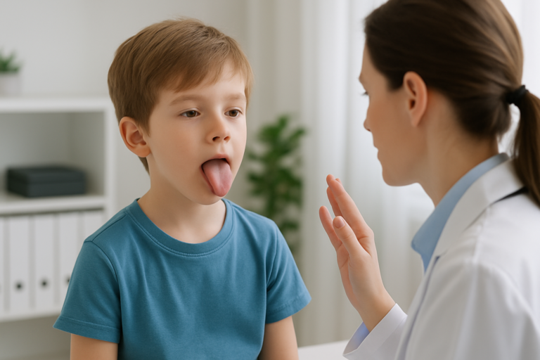 A young boy in a blue shirt sticks out his tongue while a healthcare professional in a white coat examines him in a medical office, demonstrating myofunctional therapy for children.