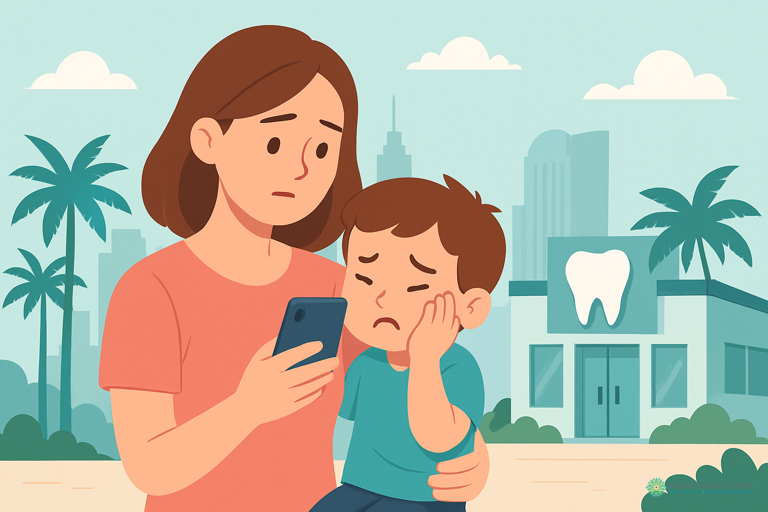 A woman holding a phone comforts a sad child with a sore cheek outside a dental clinic, seeking urgent dental care for kids.