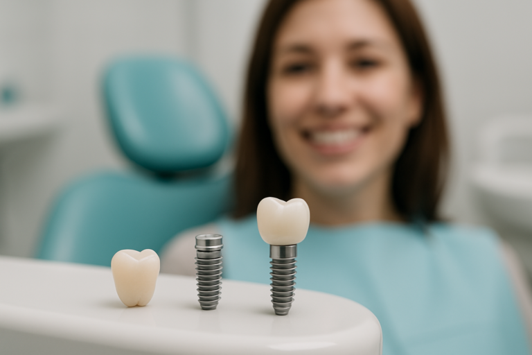 A woman at a dental clinic sits in the background, smiling. In focus are three crowns and the best dental implants in Miami displayed on a dental tray in the foreground.