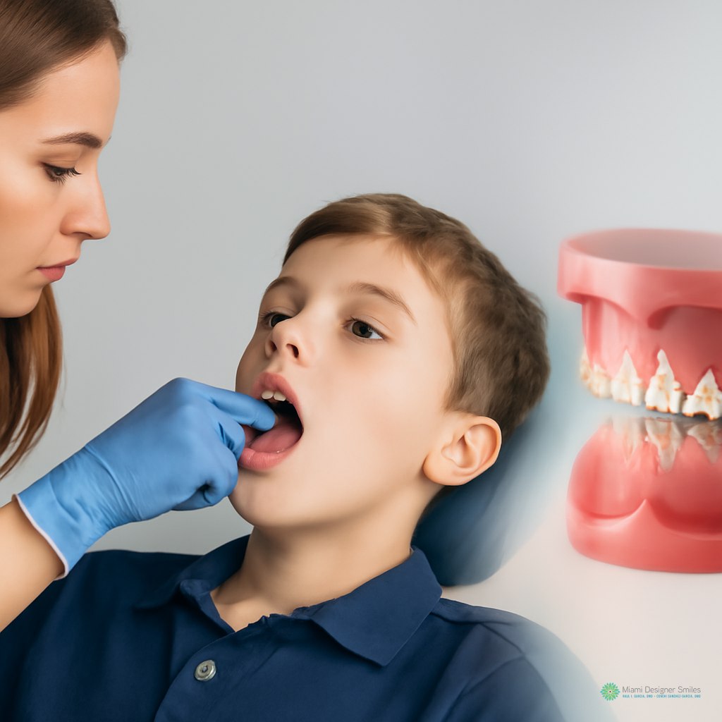 A dental professional wearing blue gloves examines a young boy's mouth, demonstrating how myofunctional therapy and orthodontics work together, with a dental model showing tooth alignment displayed nearby.