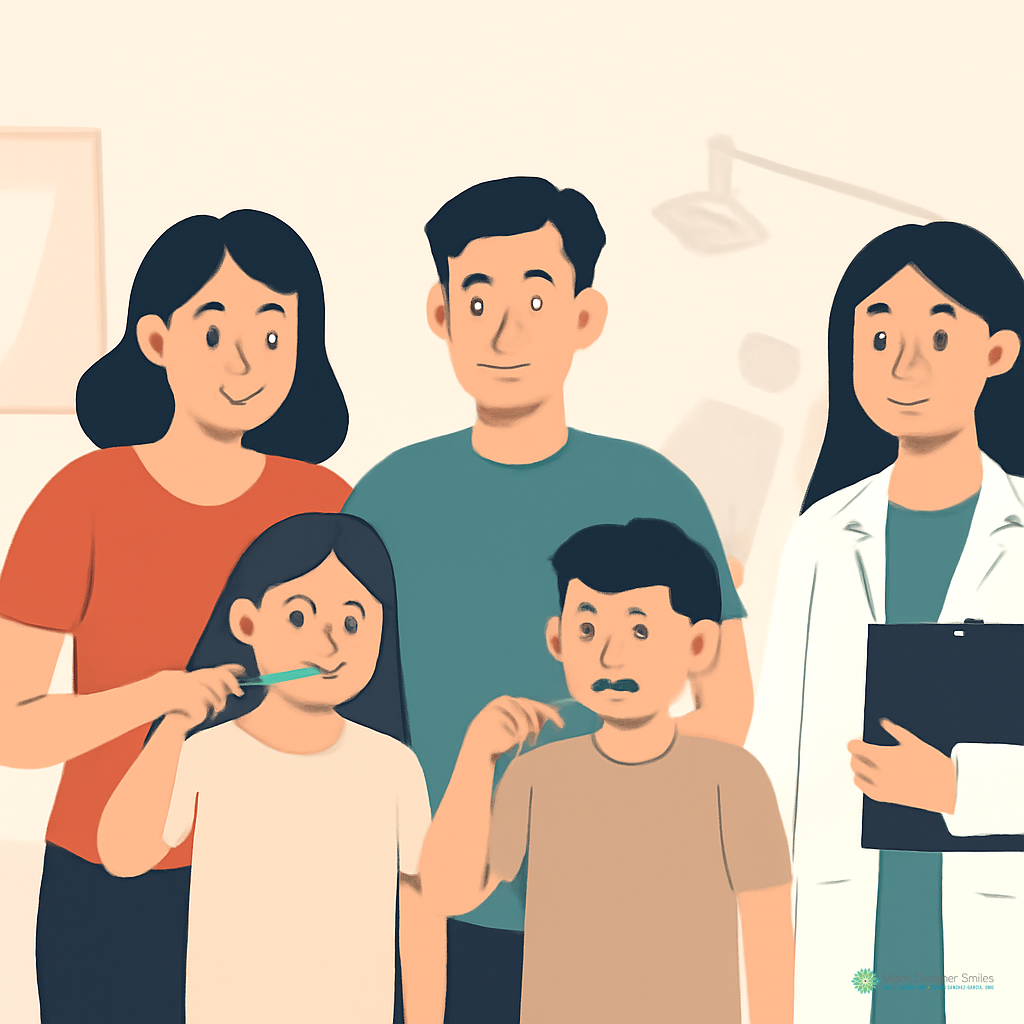 A family visits a dental clinic; a child brushes teeth, another holds a toothbrush, an adult stands nearby, and a dentist with a clipboard discusses the benefits of family dentistry.