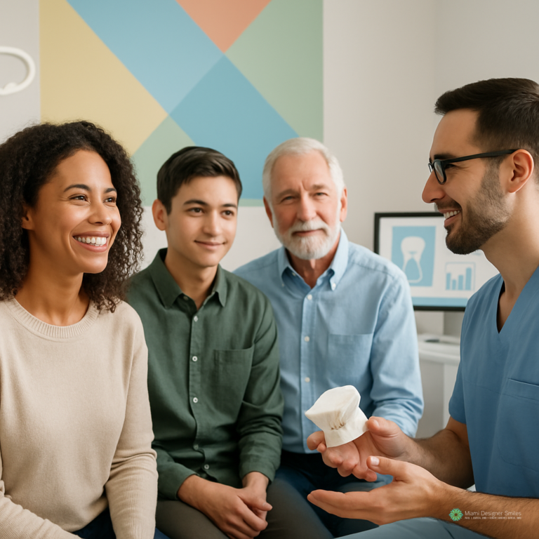 A dentist explains a dental model and discusses non-invasive TMJ treatment methods to three patients of different ages, all seated together in a modern dental office.