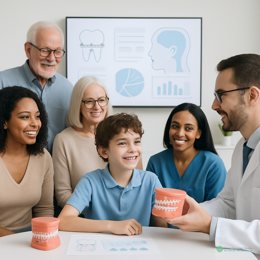 A dentist explains dental care and advanced orthodontic techniques to a diverse group of patients, including a child, using a model of teeth in a clinic setting with dental charts in the background.