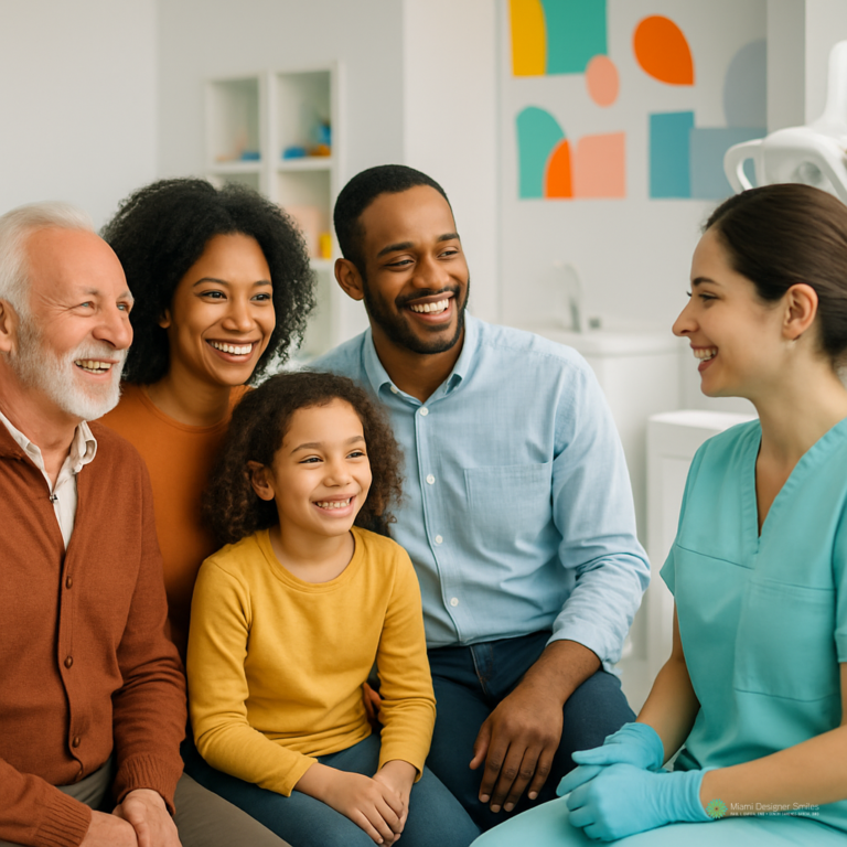 A family of four smiles and sits together in a dental office, engaging with a female dental professional in scrubs and gloves, experiencing the benefits of family dentistry.