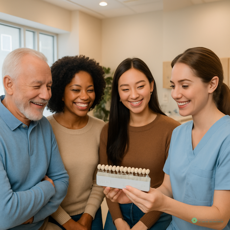 A dental professional shows a set of tooth shade samples to three smiling people in a brightly lit dental office while discussing the cost of teeth whitening procedures.