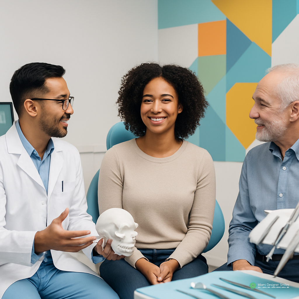 A dentist discusses non-invasive TMJ treatment methods while holding a human skull model, talking to a woman and an older man in a dental office with dental tools on a tray in the foreground.