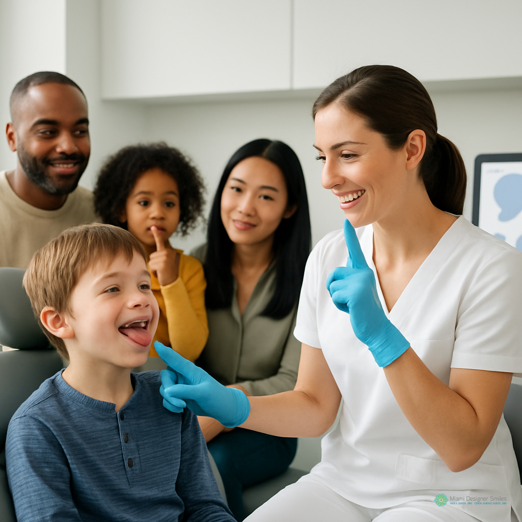 A healthcare professional in gloves examines a young boy’s throat—an important step in evaluating his need for myofunctional therapy and orthodontics—while his family observes the interaction in a medical office.
