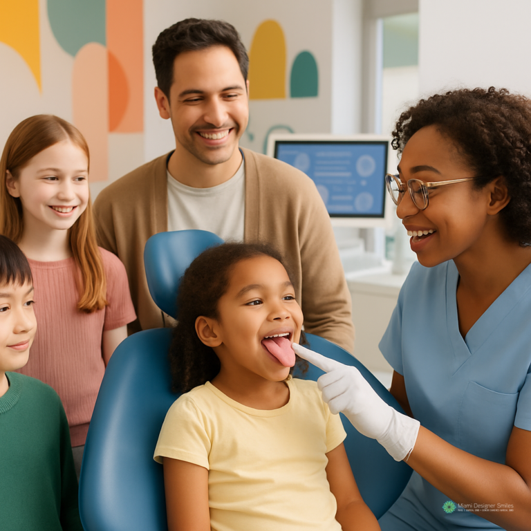 A dental professional skilled in myofunctional therapy and orthodontics examines a young girl's mouth as she sits in a dentist chair, with her family smiling and watching nearby.