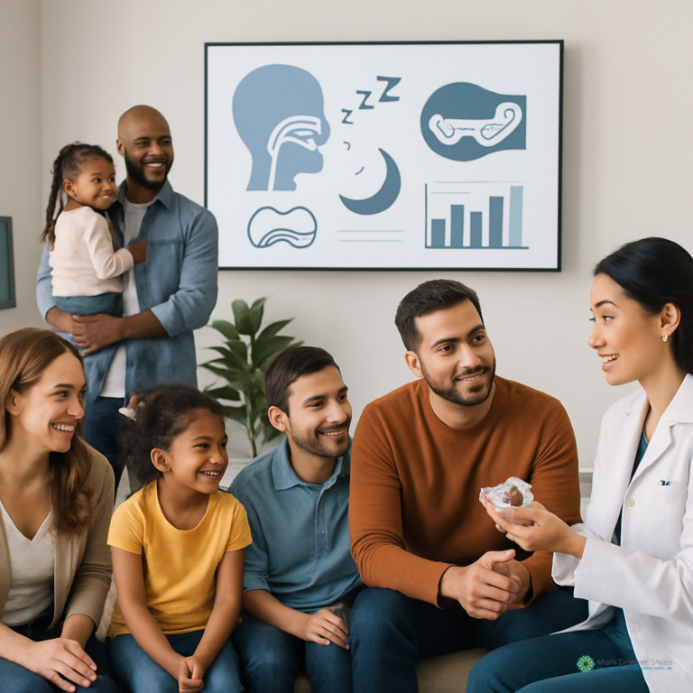 A doctor discusses affordable sleep apnea treatments with a diverse family group in a clinic, using airway and sleep diagrams on the wall to help explain the medical model.