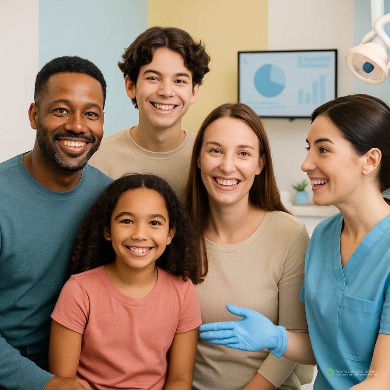 A dentist in scrubs and gloves stands beside a smiling family of four in a brightly lit dental office, highlighting the benefits of family dentistry with informative charts visible in the background.