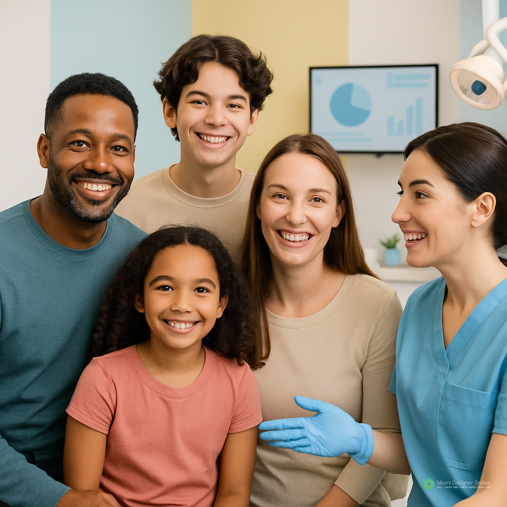 Un dentista, vestido con bata y guantes, sonríe y gesticula mientras posa junto a una familia feliz de cuatro miembros en una consulta dental muy bien iluminada.