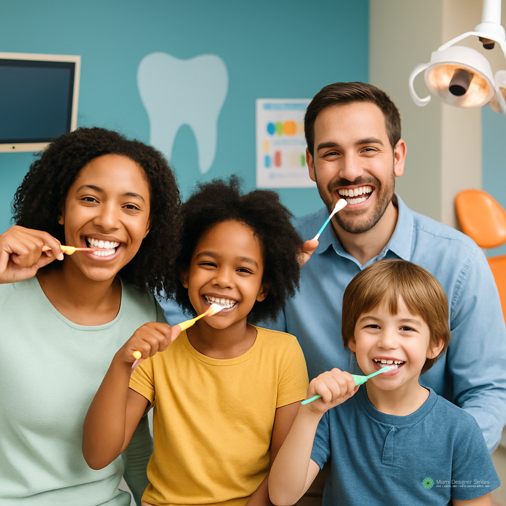 Una sonriente familia de cuatro miembros, dos adultos y dos niños, se cepillan los dientes juntos en una iluminada consulta dental.
