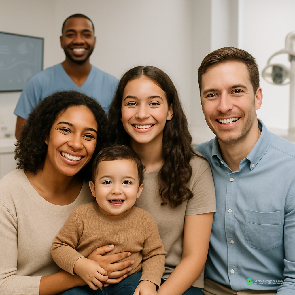 Una familia sonriente con un niño pequeño está sentada junta en una consulta dental, con un profesional de la odontología de pie al fondo.