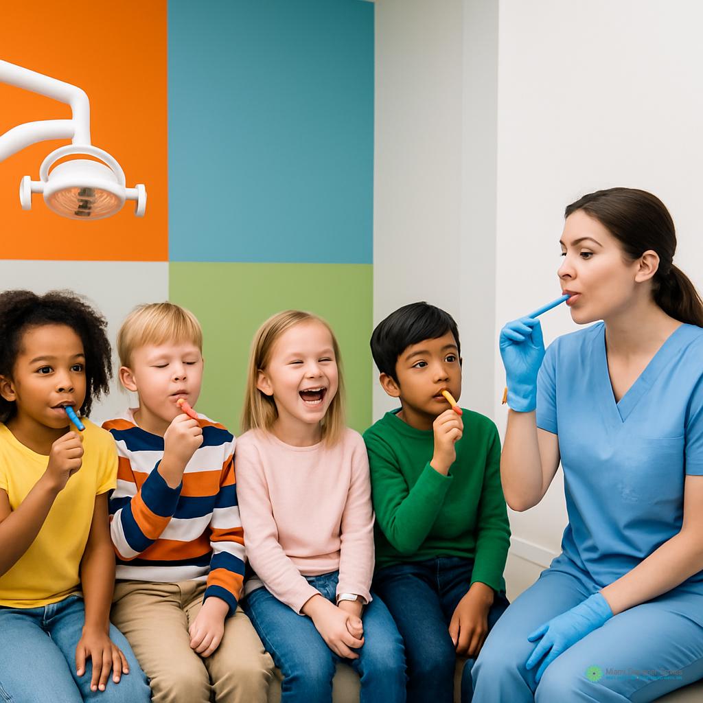 A dental hygienist in scrubs demonstrates tooth brushing to four young children sitting on a bench, each holding a toothbrush, in a brightly colored dental clinic specializing in myofunctional therapy and orthodontics.