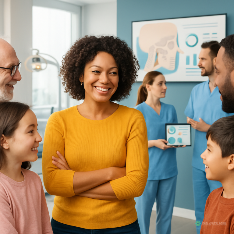 A woman in a yellow sweater stands smiling with arms crossed in a medical office, surrounded by children, adults, and healthcare professionals who specialize in non-invasive TMJ treatment methods.