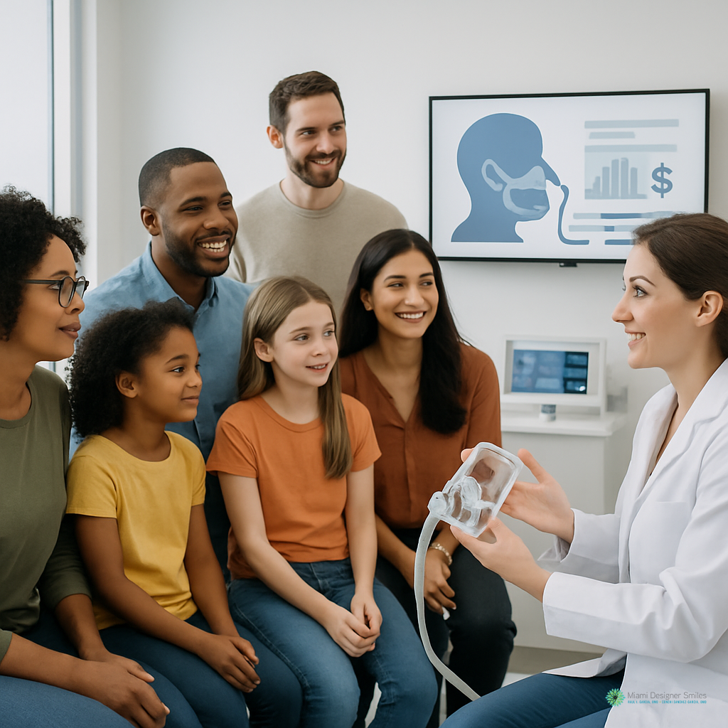 A doctor shows a CPAP mask to a diverse group of adults and children seated together in a medical office, highlighting affordable sleep apnea treatments. A diagram of sleep apnea appears on a screen in the background.