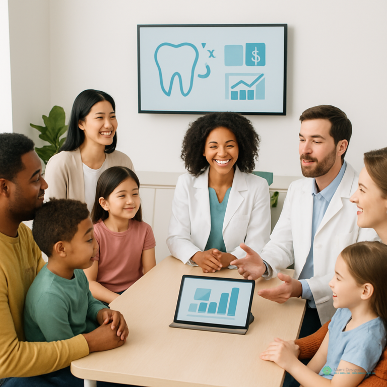 Dos dentistas hablan sobre el cuidado dental con una familia de diversa procedencia sentada alrededor de una mesa, utilizando una tableta y imágenes de fichas dentales que se muestran en una pantalla, en una consulta luminosa y moderna.