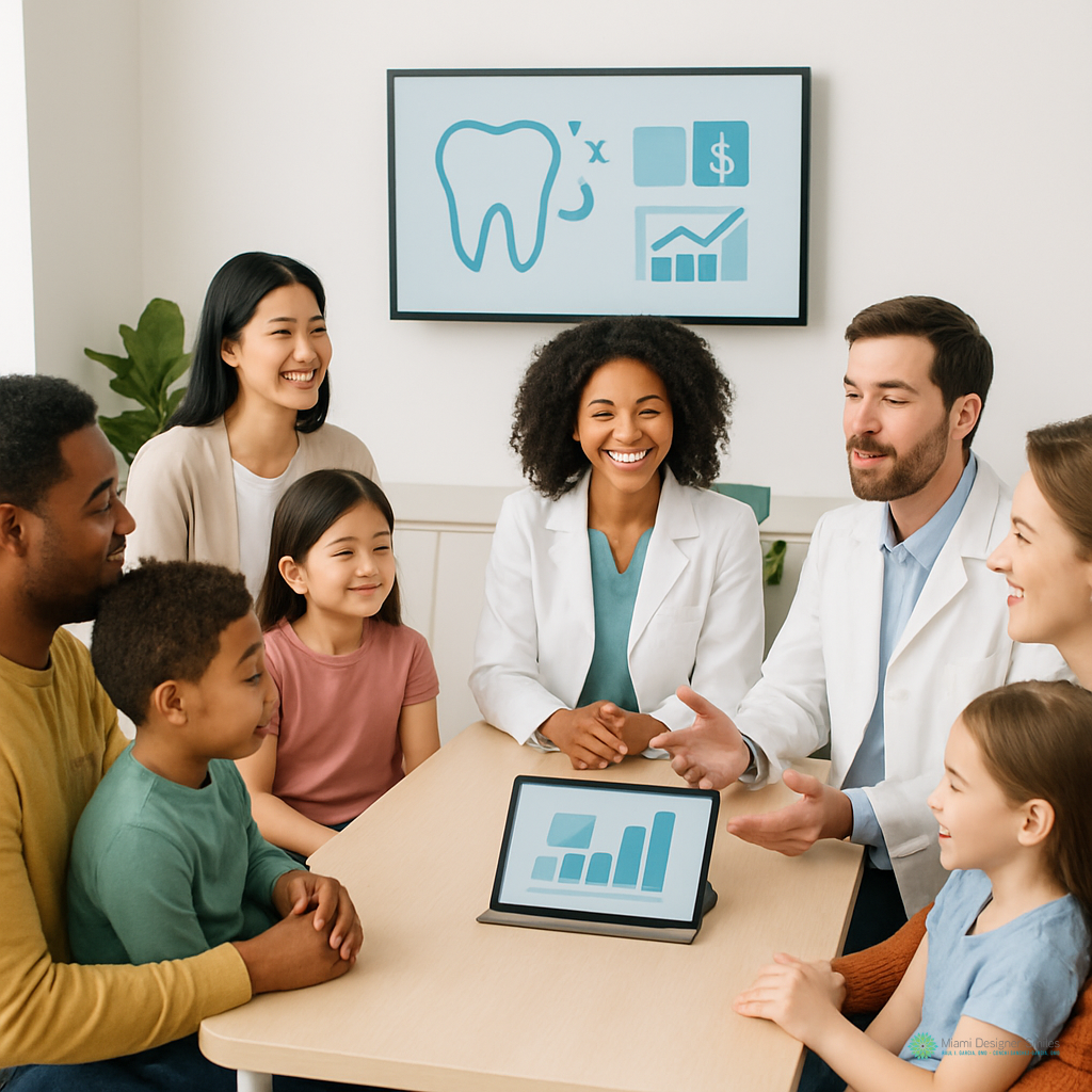 Dos dentistas hablan sobre el cuidado dental con una familia de diversa procedencia sentada alrededor de una mesa, utilizando una tableta y imágenes de fichas dentales que se muestran en una pantalla, en una consulta luminosa y moderna.