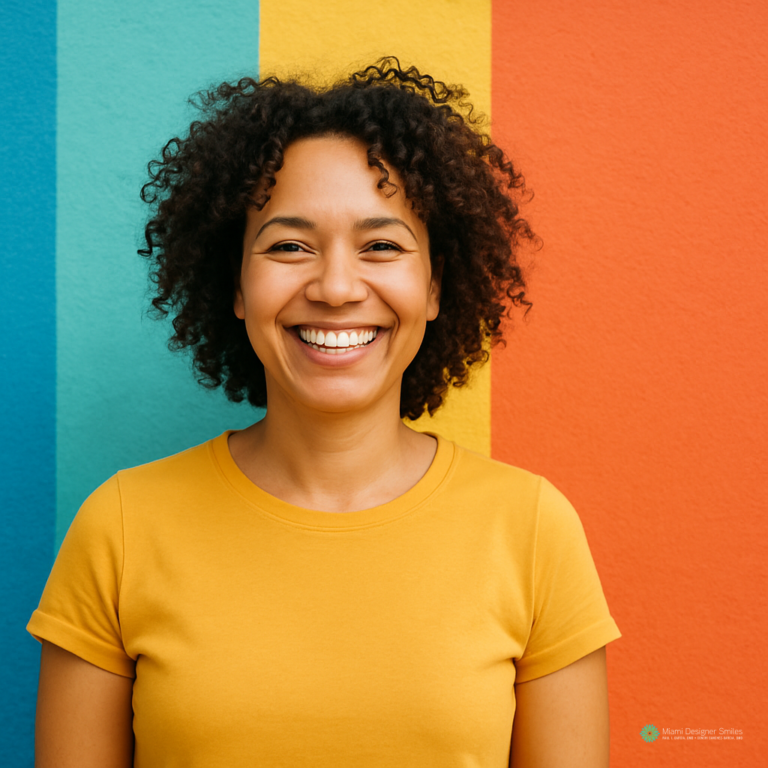 A woman with curly hair wearing a yellow shirt stands smiling in front of a brightly colored wall with blue, yellow, and orange vertical stripes, reflecting the vibrant results possible with myofunctional therapy and orthodontics.