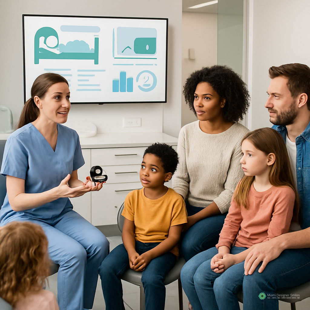 A healthcare professional explains a medical device during a sleep apnea consultation in Miami to a family of four in a modern clinic, with health-related charts displayed on a screen in the background.