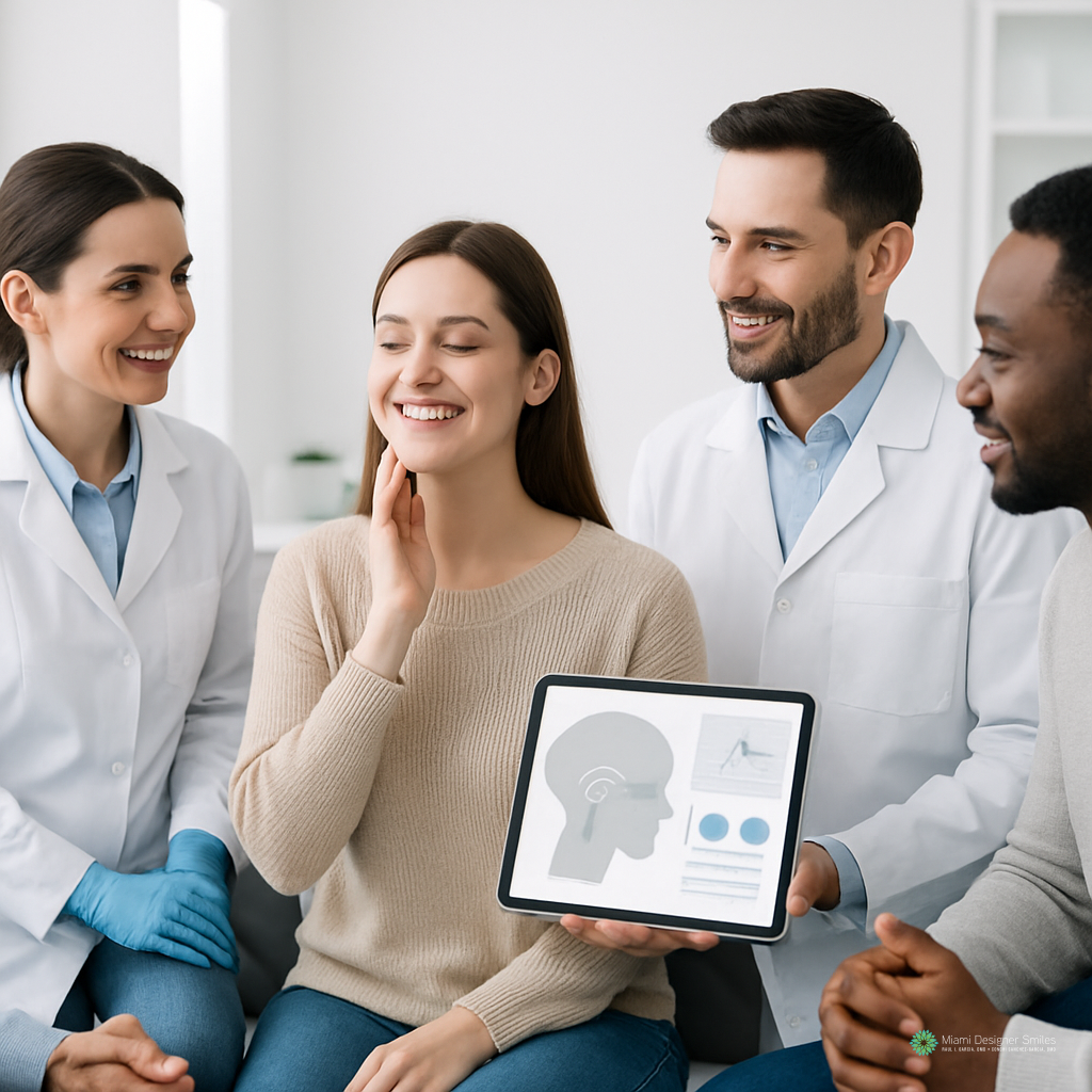 A woman touches her neck and smiles while two doctors show her a digital diagram of the inner ear, discussing non-invasive TMJ treatment methods during a consultation.