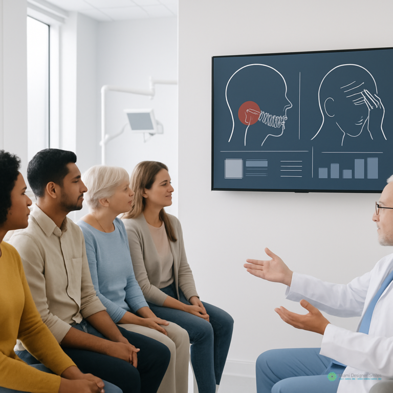 A doctor explains a medical diagram of the head and jaw, highlighting TMJ treatment for headaches, to four seated patients in a modern clinic.