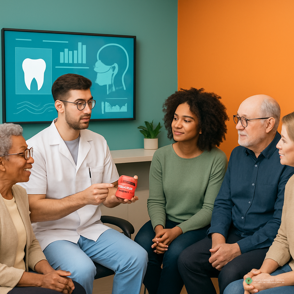 A dentist explains gum health and TMJ treatment for headaches using a dental model to a diverse group of adults in a clinic with dental charts on the wall.