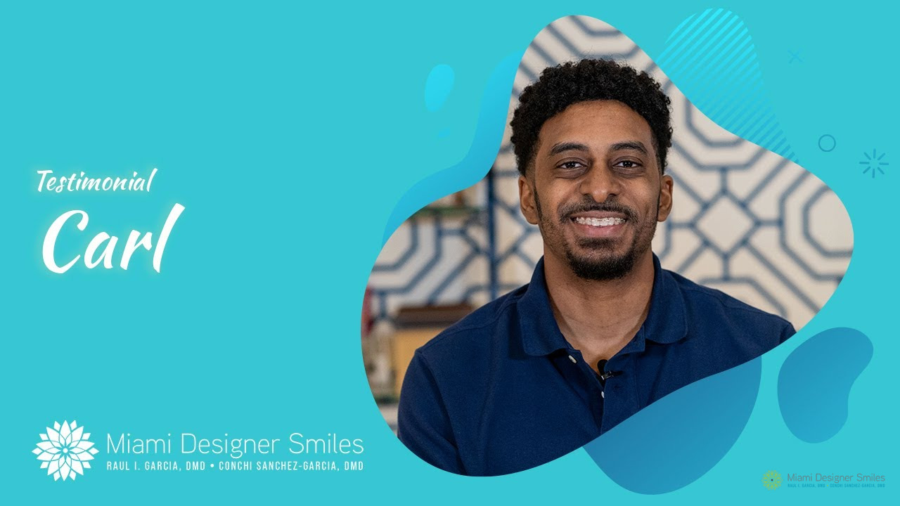 A man named Carl smiles at the camera on a promotional image for Miami Designer Smiles, featuring geometric blue graphics and text reading "Testimonial Carl" as he shares his experience with TMJ treatment for headaches.