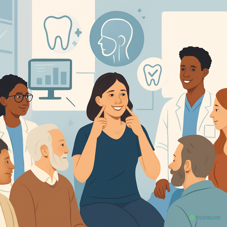 A woman points to her teeth while seated among a diverse group. Two professionals in white coats stand nearby; dental diagrams and charts highlighting non-invasive TMJ treatment methods are visible in the background.