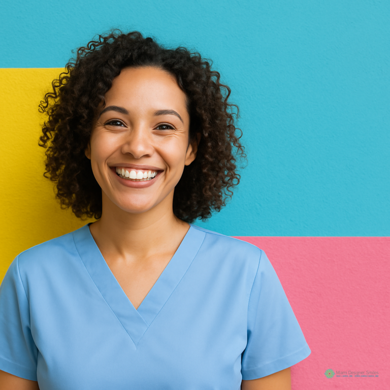 Smiling woman in light blue scrubs stands in front of a colorful yellow, blue, and pink background, ready to discuss non-invasive TMJ treatment methods.