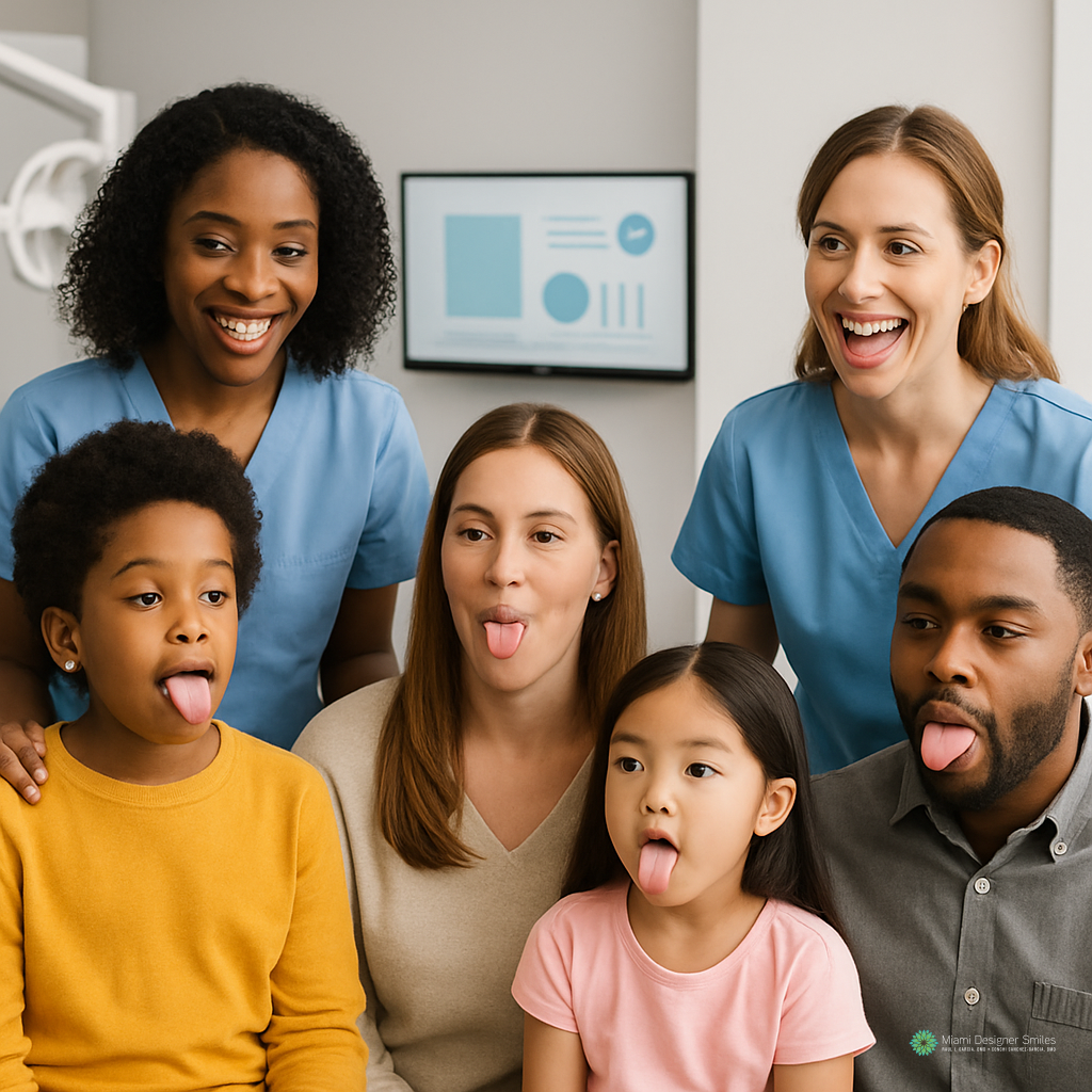 Un grupo de adultos y niños, entre los que se encuentran dos personas con bata quirúrgica, están sentados juntos sacando la lengua y sonriendo en el consultorio de un médico.